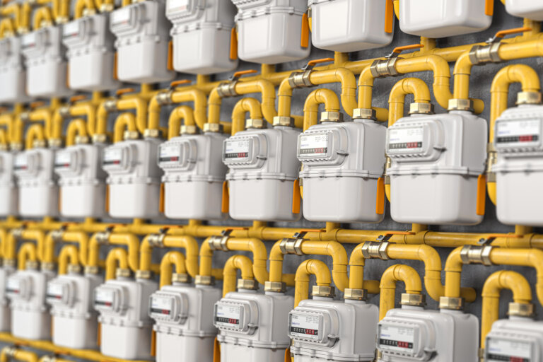 Natural gas meters iin a row. Household energy consumption. 3d illustration
